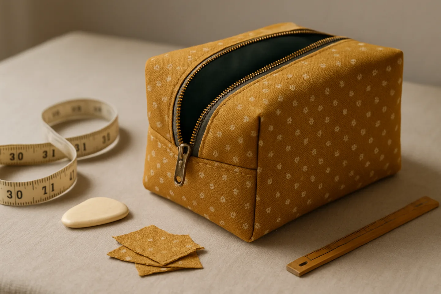 A finished boxy pouch on a linen-covered sewing table beside a measuring tape and tailor's chalk.